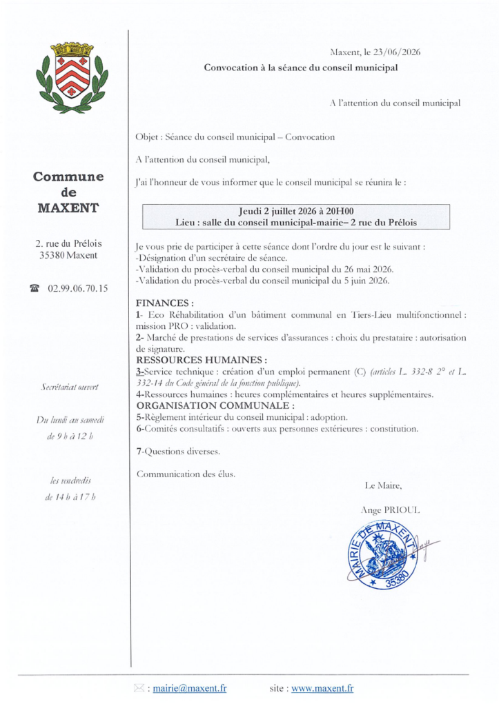 la prochaine séance du conseil municipal aura lieu le 02 juillet à 20h en salle du conseil municipal - 2 rue du Prélois.